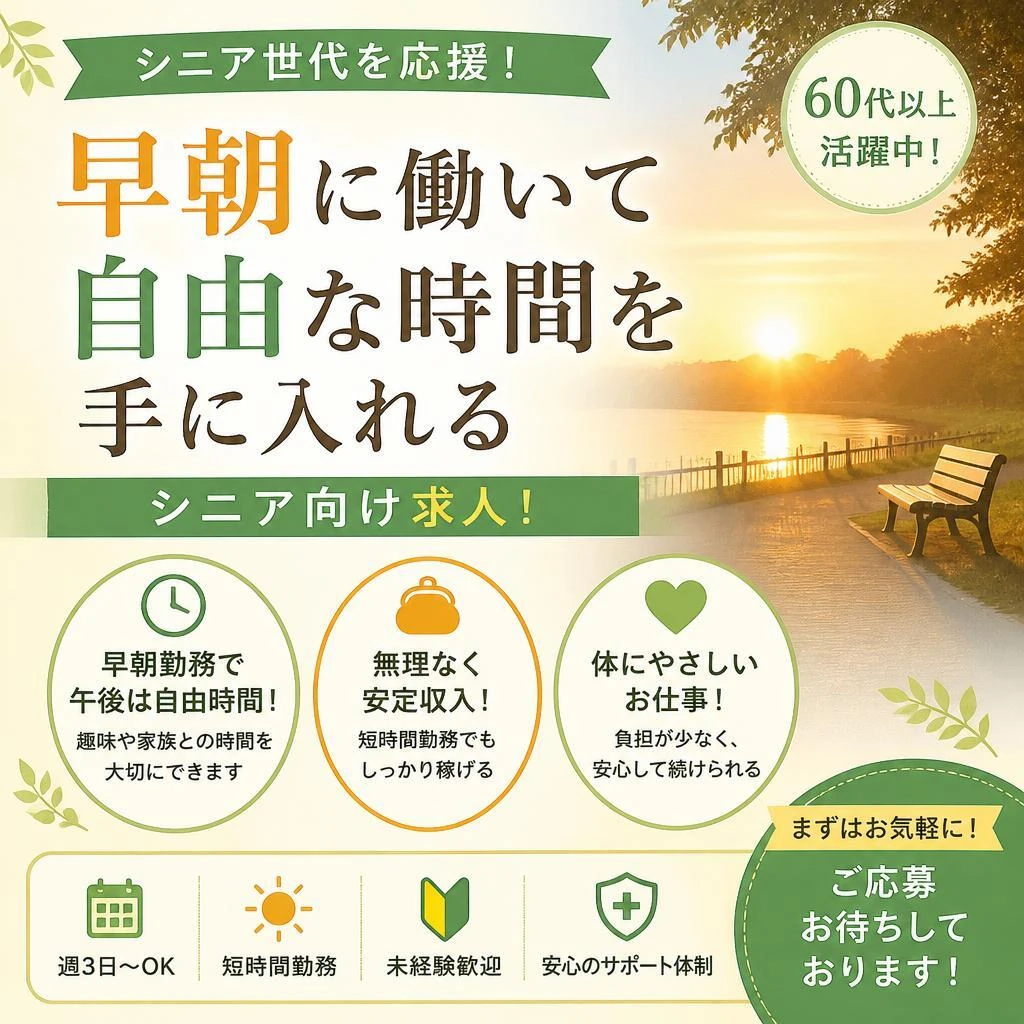 早朝に働いて自由な時間を手に入れる、シニア向け求人！
